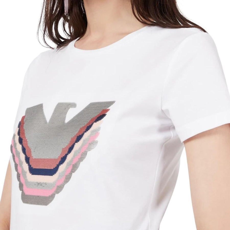 WHITE STRETCH JERSEY T-SHIRT WITH SEQUIN-EMBROIDERED EAGLE