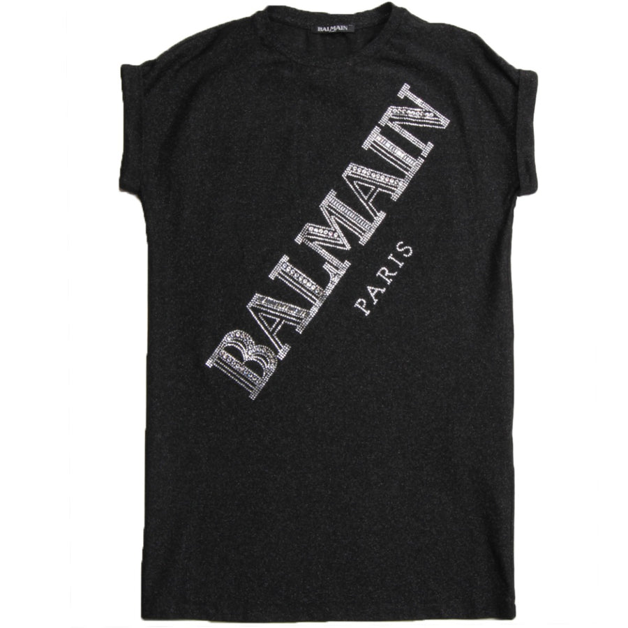 Balmain Paris Girls Black Diamanté Logo Dress Front