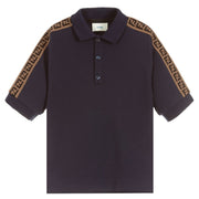Fendi Junior Navy Logo Tape Polo Shirt Front 