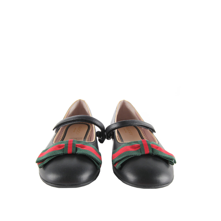 Gucci Girls Black Leather Ballet Flats with Web Bow - Retro Designer Wear