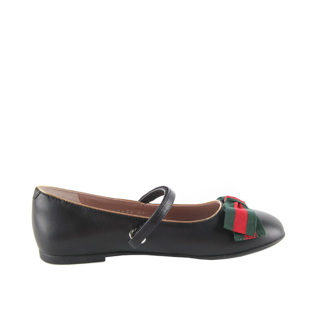 Gucci Girls Black Leather Ballet Flats with Web Bow - Retro Designer Wear