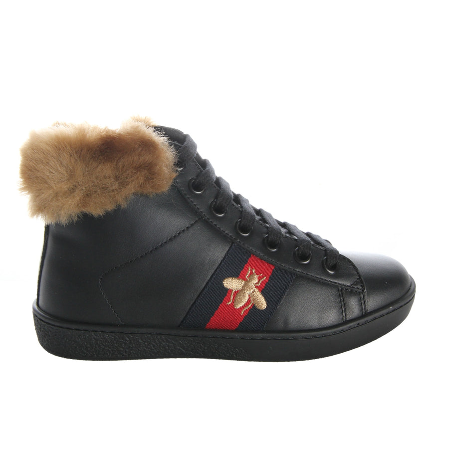 Gucci Kids Fur Black Leather High Top Trainers side 