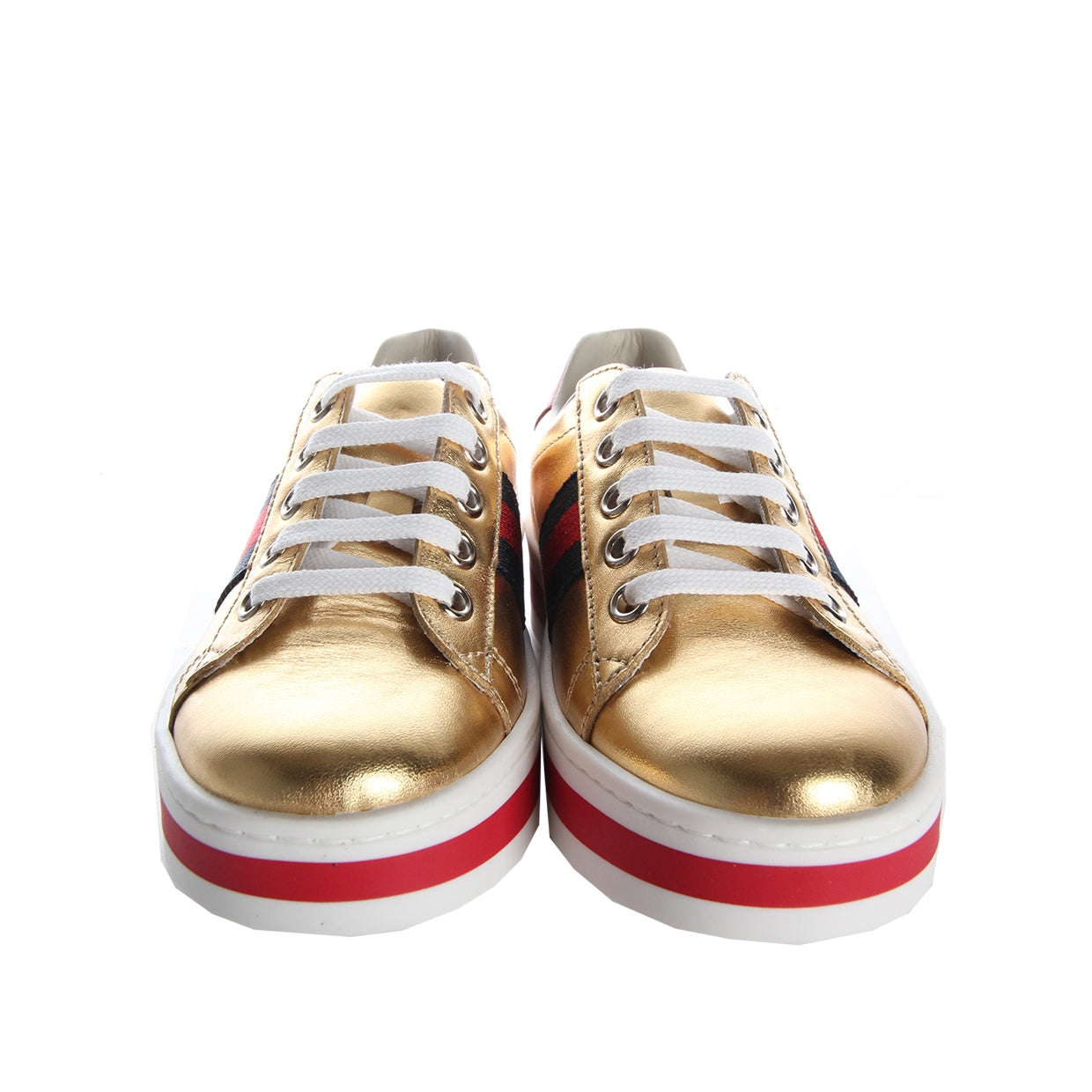 Gucci Girls Gold Leather Platform Trainers two front 