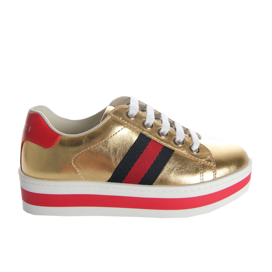 Gucci Girls Gold Leather Platform Trainers front 