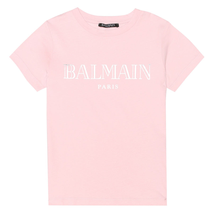 Balmain Paris Girls Pink Logo Printed T-Shirt Front