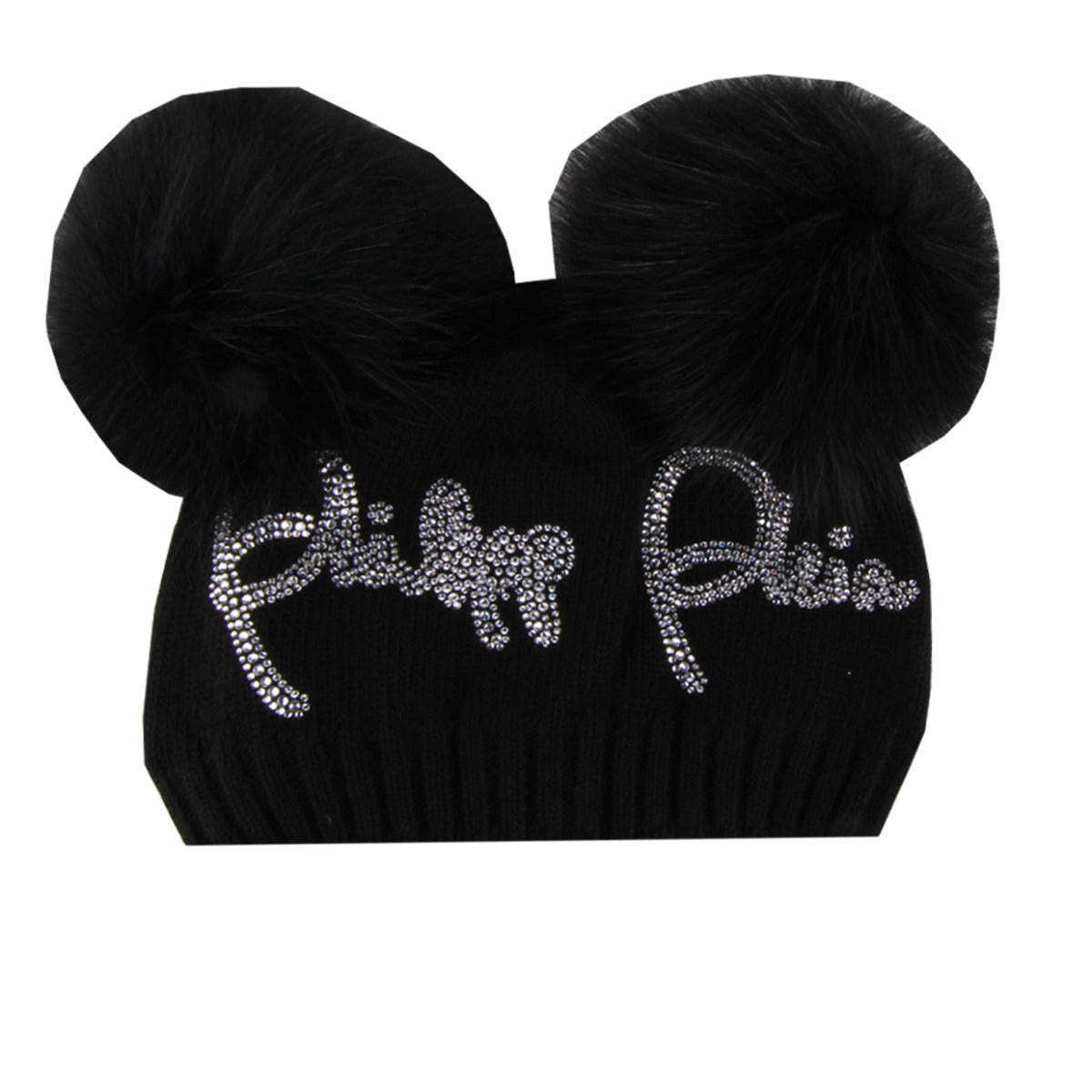 Philipp Plein Junior Black Diamante Logo Beanie front 